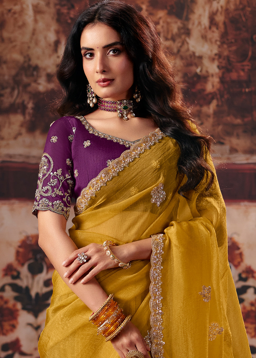 Honey Yellow Designer Organza Saree with Zari, Moti &amp; Sequin Accents