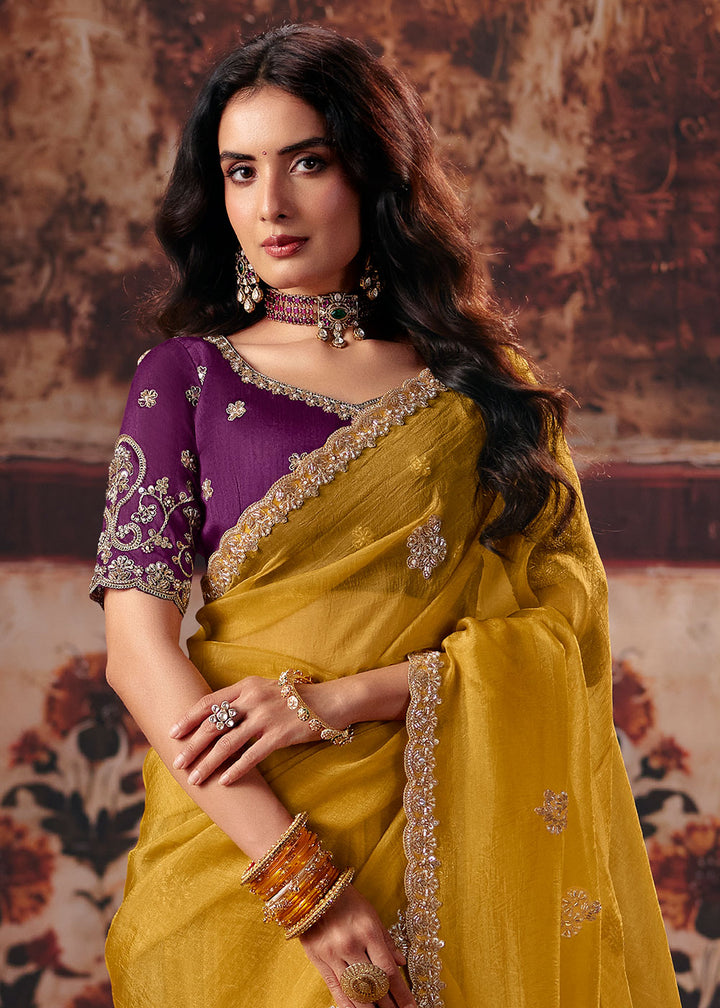 Honey Yellow Organza Saree with Threadwork &amp; Stone-Embellished Border