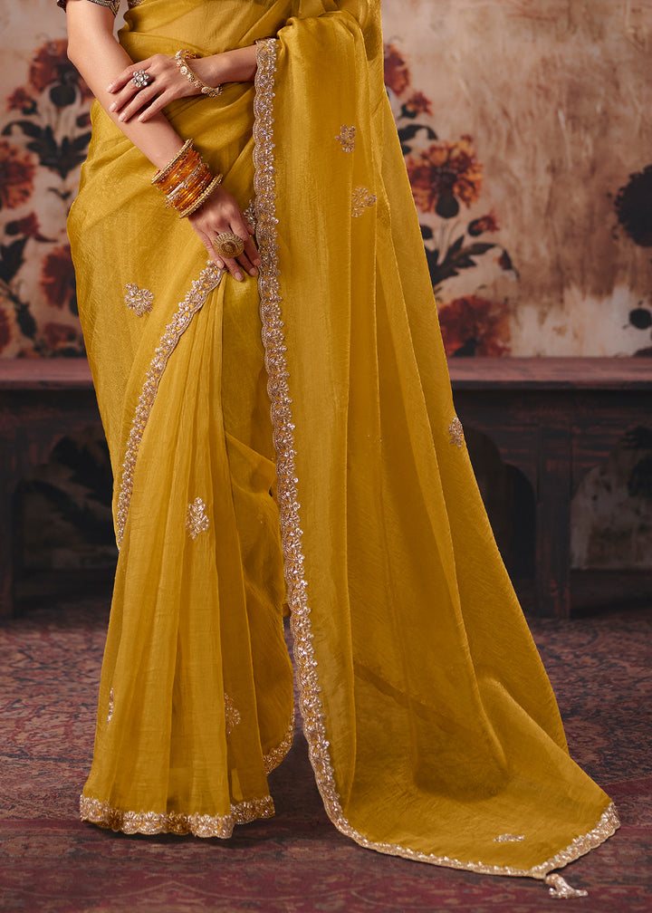 Honey Yellow Designer Organza Saree with Zari, Moti &amp; Sequin Accents