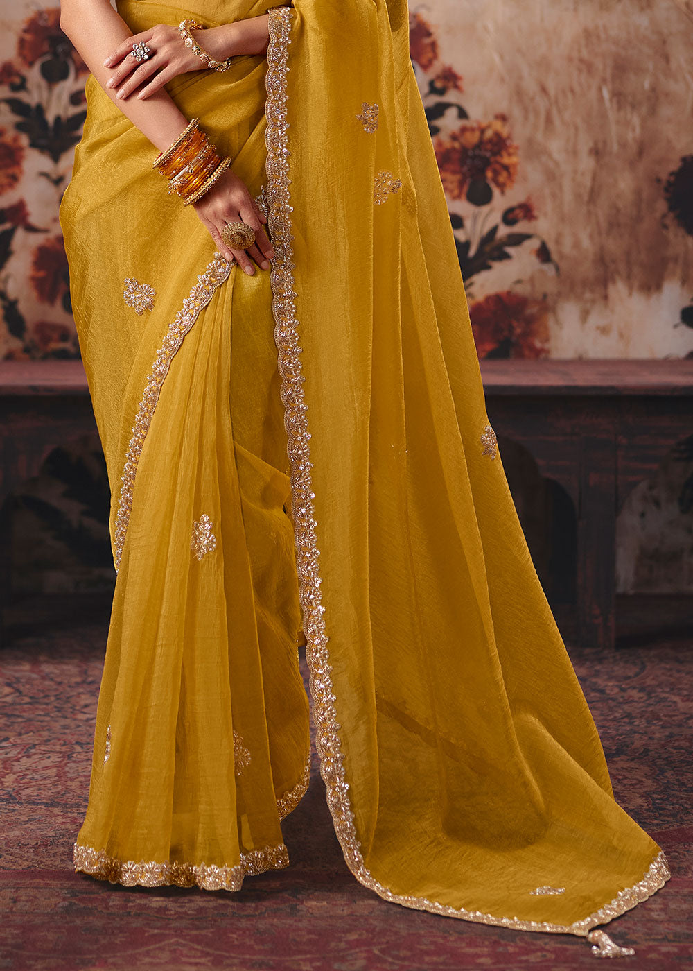 Honey Yellow Organza Saree with Threadwork &amp; Stone-Embellished Border
