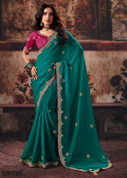 Dark Teal Green Designer Silk Saree with Zari, Moti & Sequin Accents