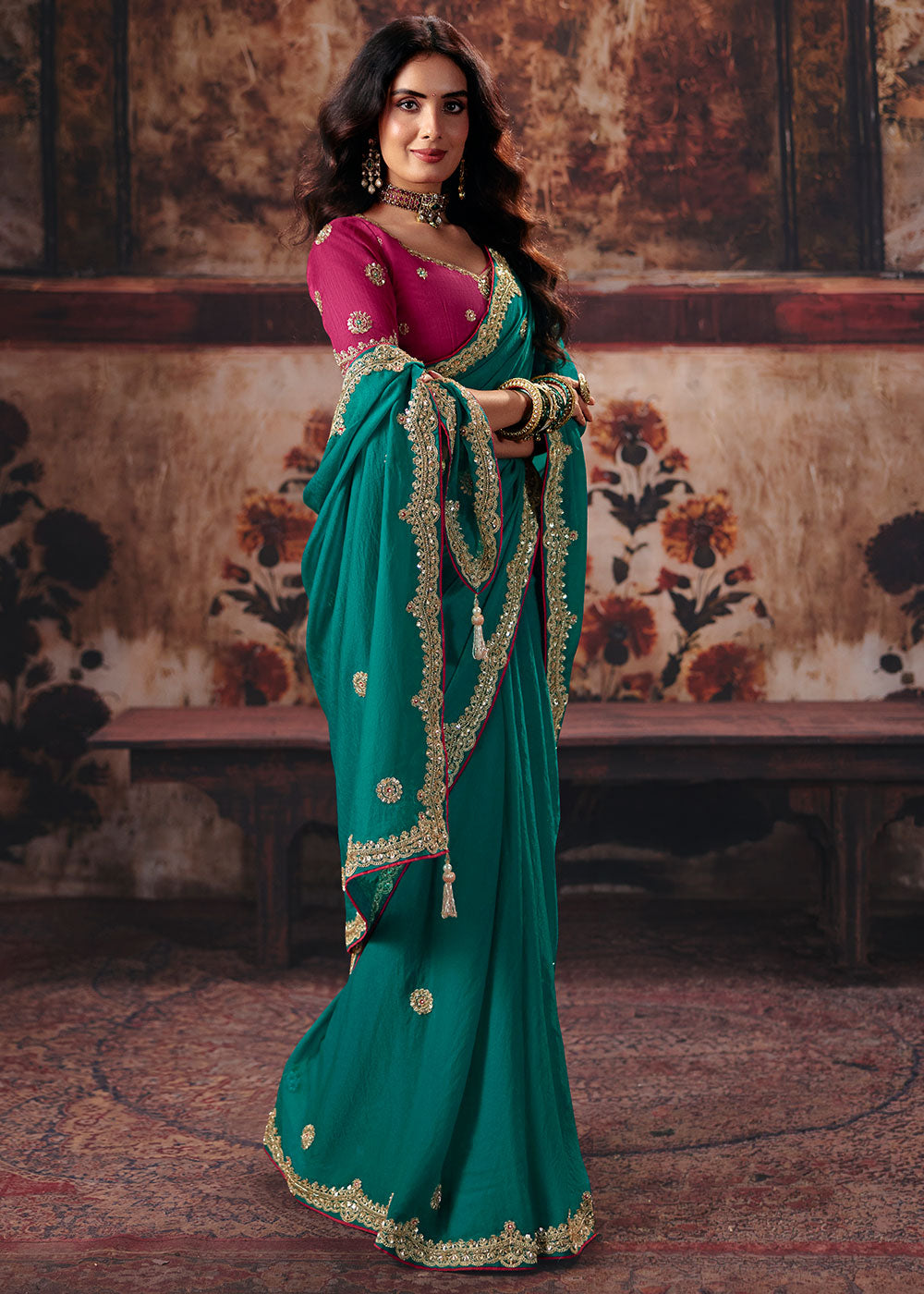 Pine Green Bemberg Saree with Threadwork &amp; Stone-Embellished Border