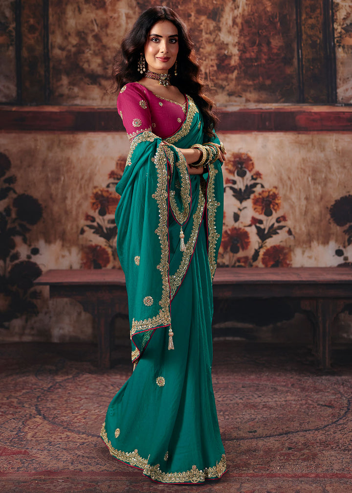 Pine Green Bemberg Saree with Threadwork &amp; Stone-Embellished Border