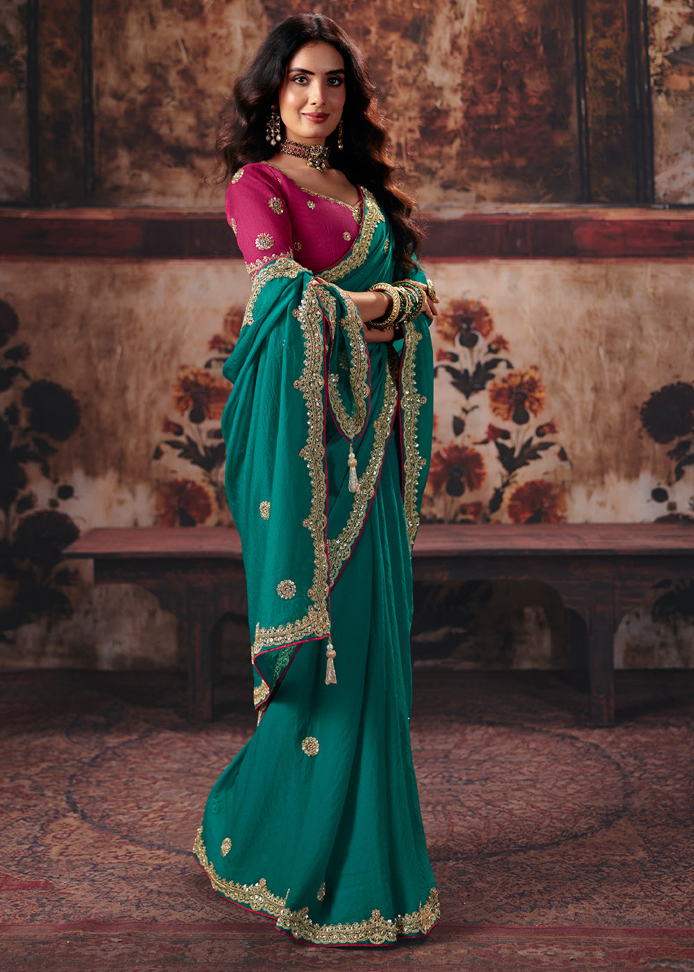 Dark Teal Green Designer Silk Saree with Zari, Moti & Sequin Accents