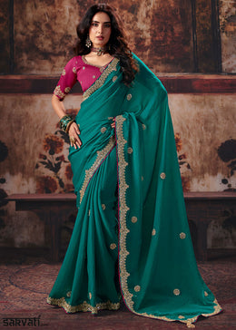 Pine Green Bemberg Saree with Threadwork & Stone-Embellished Border