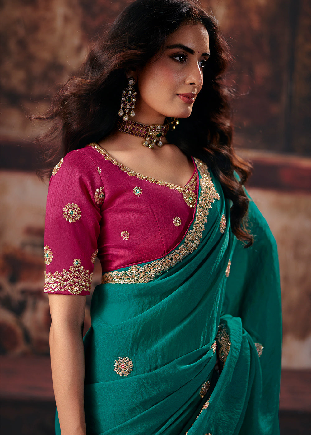 Dark Teal Green Designer Silk Saree with Zari, Moti &amp; Sequin Accents