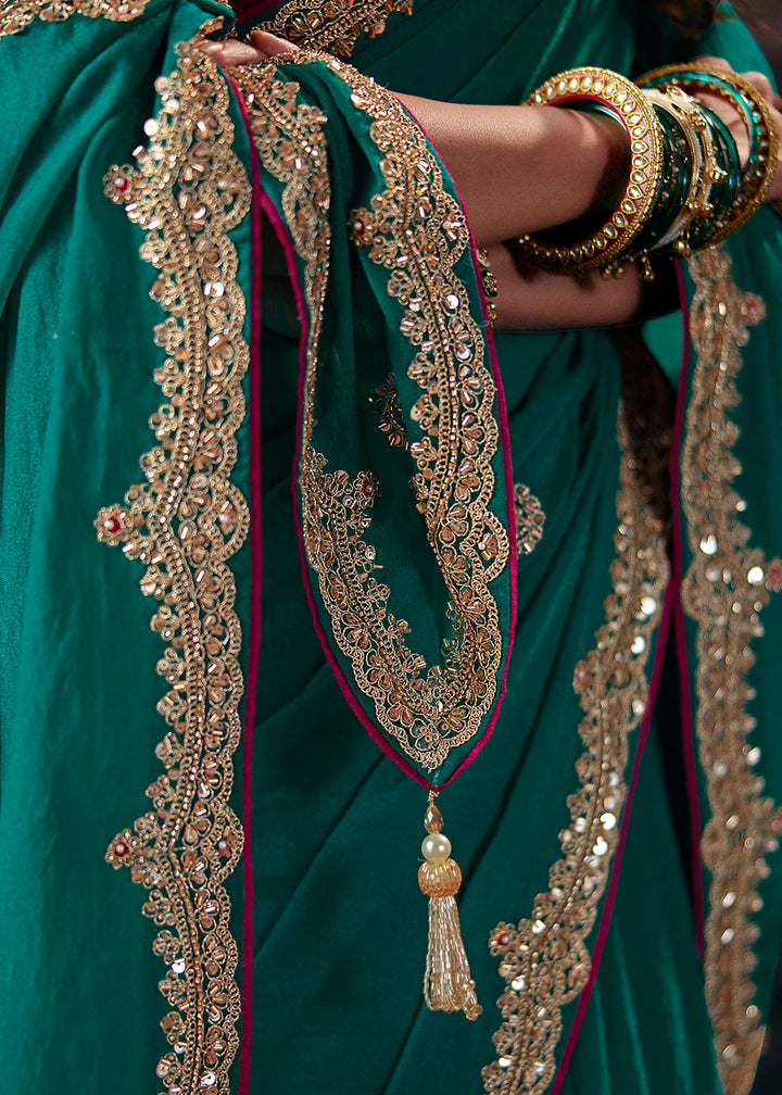 Pine Green Bemberg Saree with Threadwork &amp; Stone-Embellished Border