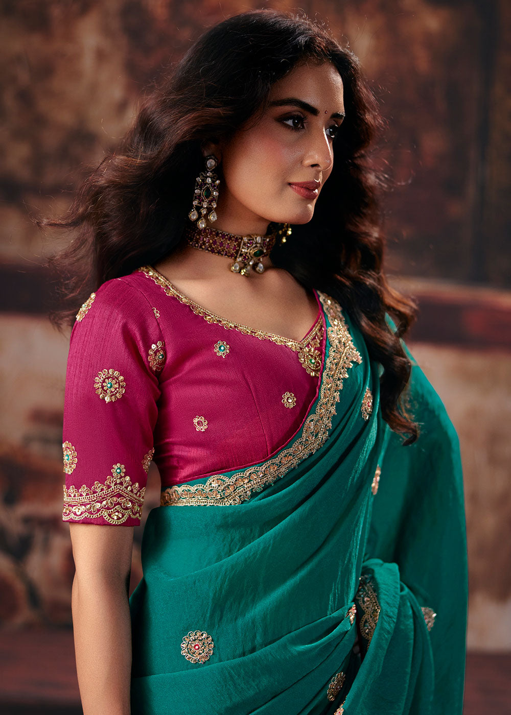 Pine Green Bemberg Saree with Threadwork &amp; Stone-Embellished Border