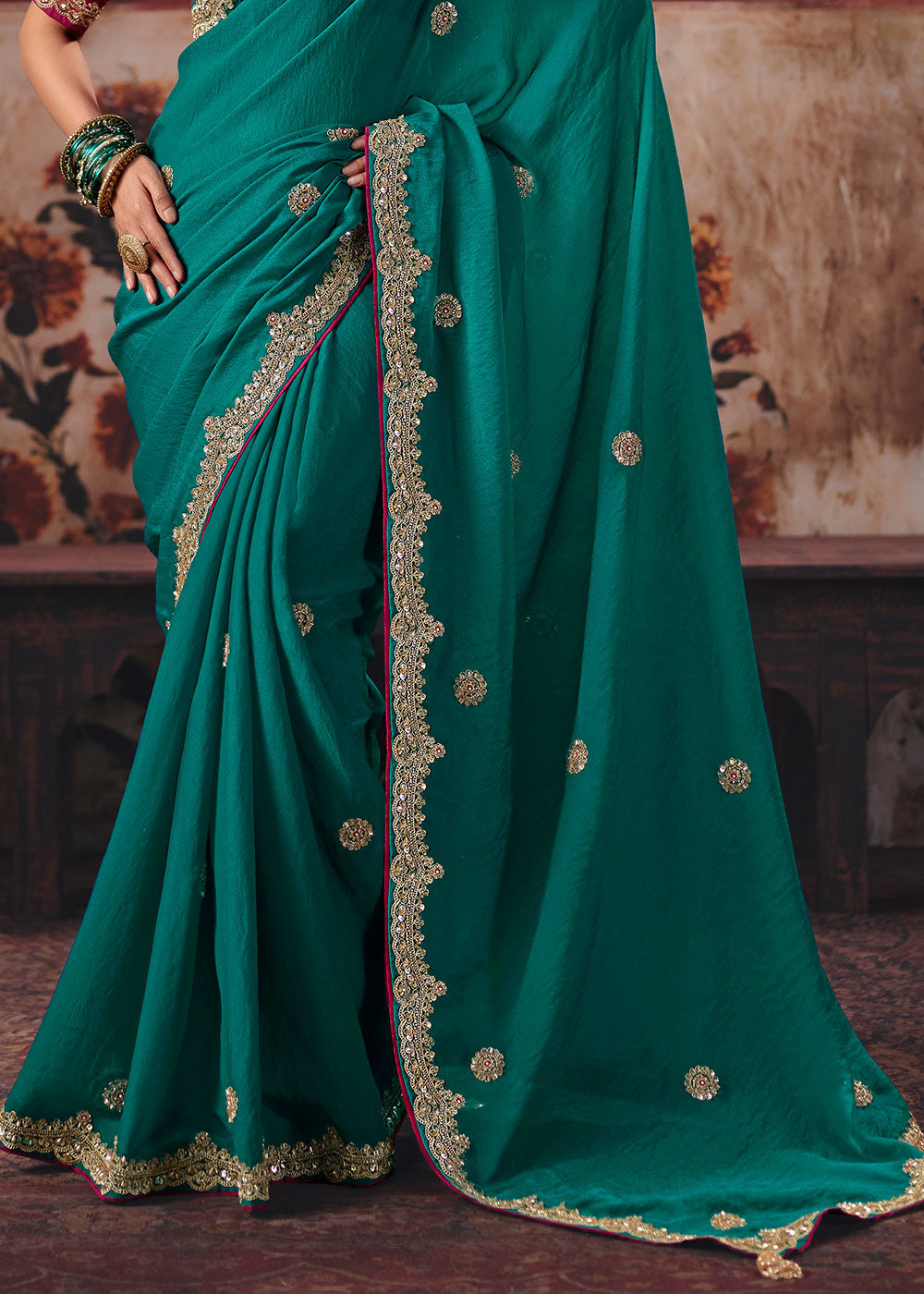 Pine Green Bemberg Saree with Threadwork &amp; Stone-Embellished Border