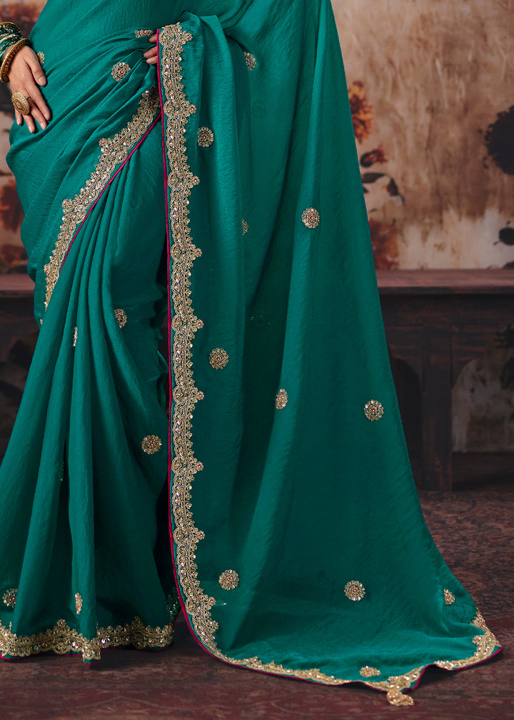 Dark Teal Green Designer Silk Saree with Zari, Moti &amp; Sequin Accents