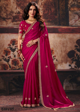 Magenta Pink Designer Satin Silk Saree with Zari, Moti & Sequin Accents