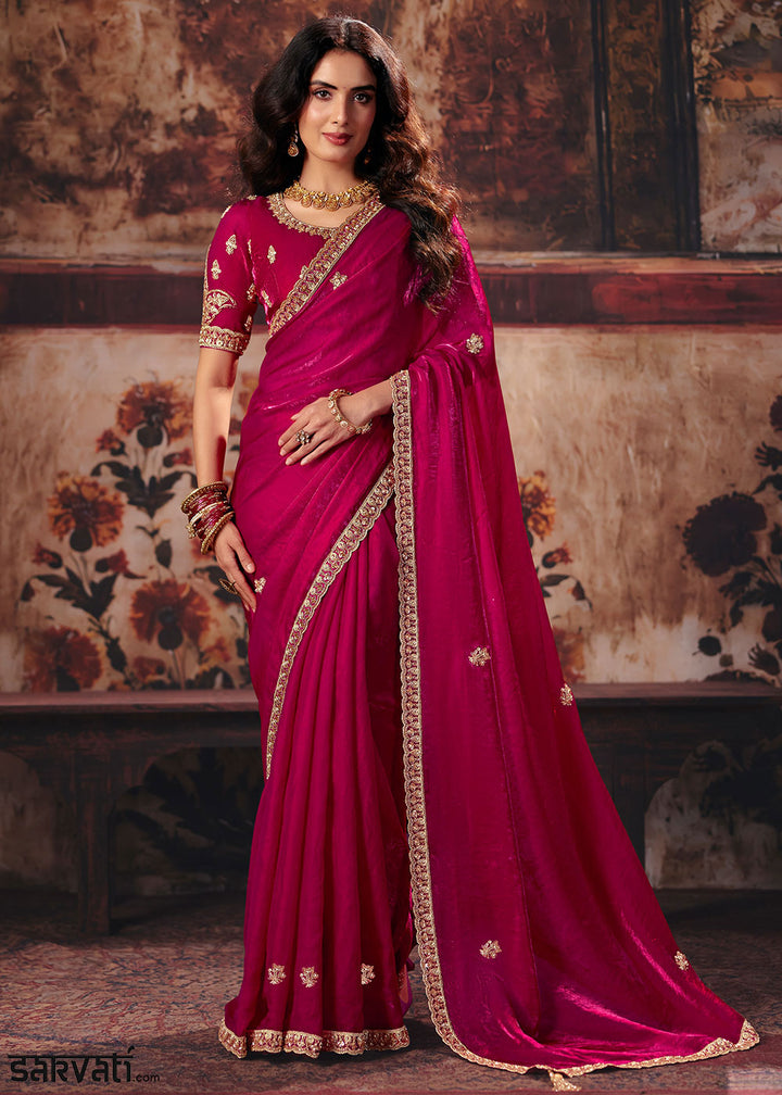 Raspberry Pink Satin Saree with Sequin &amp; Stone Embellishments
