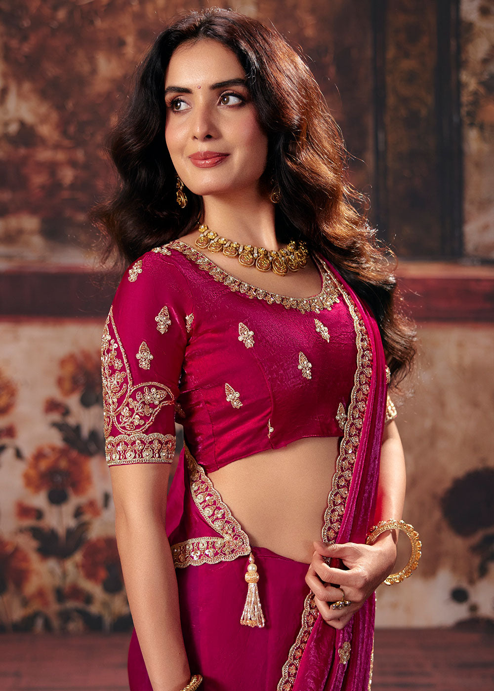 Raspberry Pink Satin Saree with Sequin &amp; Stone Embellishments