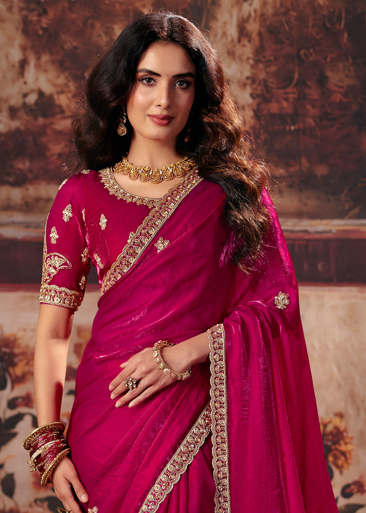 Raspberry Pink Satin Saree with Sequin &amp; Stone Embellishments