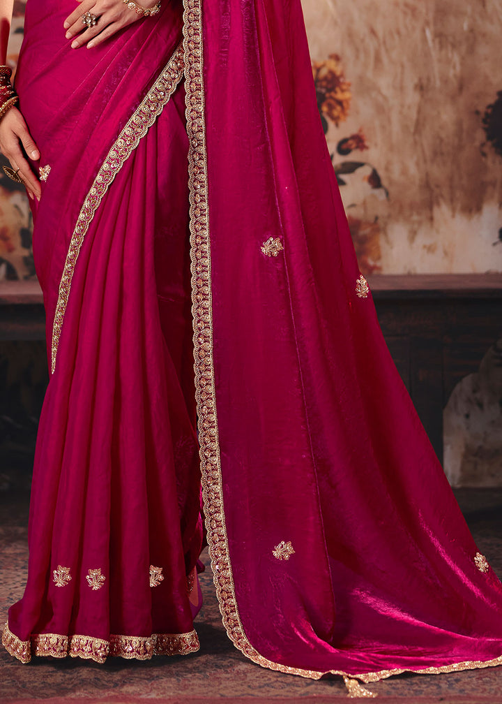 Raspberry Pink Satin Saree with Sequin &amp; Stone Embellishments