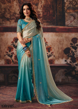 Shades Of Blue & White Designer Satin Silk Saree with Zari, Moti & Sequin Accents