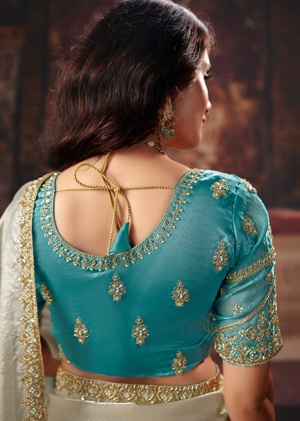 Shades Of Blue & White Designer Satin Silk Saree with Zari, Moti & Sequin Accents