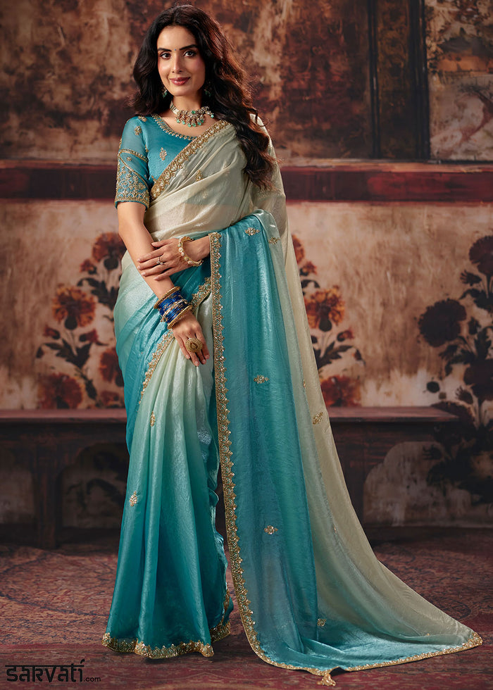 Tones of Blue Satin Saree with Sequin & Stone Embellishments