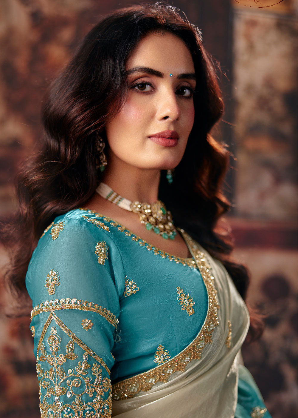 Tones of Blue Satin Saree with Sequin &amp; Stone Embellishments