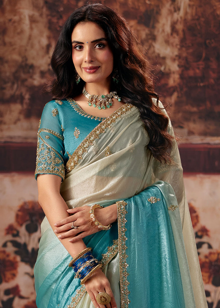 Tones of Blue Satin Saree with Sequin &amp; Stone Embellishments