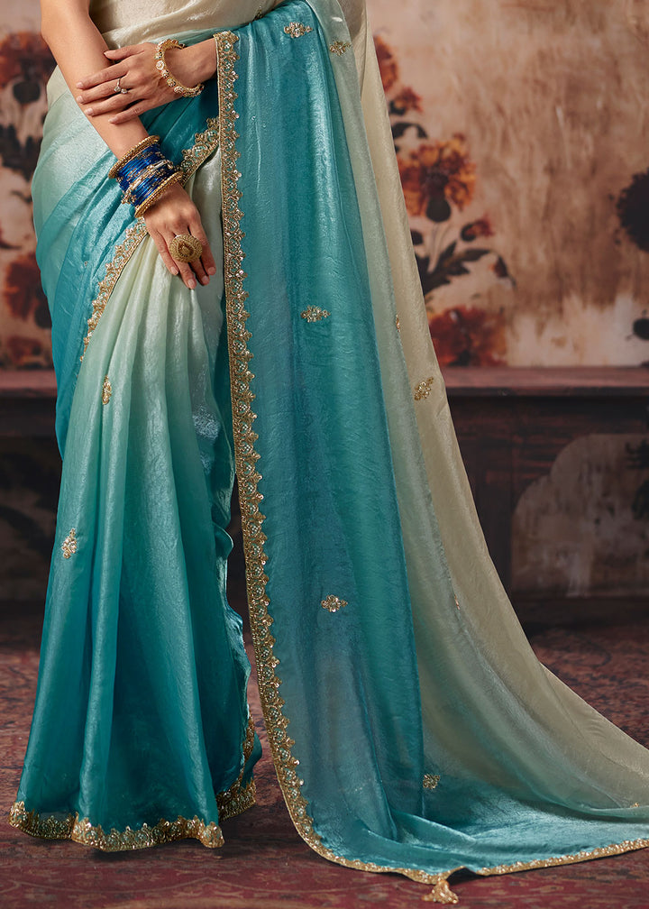 Tones of Blue Satin Saree with Sequin &amp; Stone Embellishments
