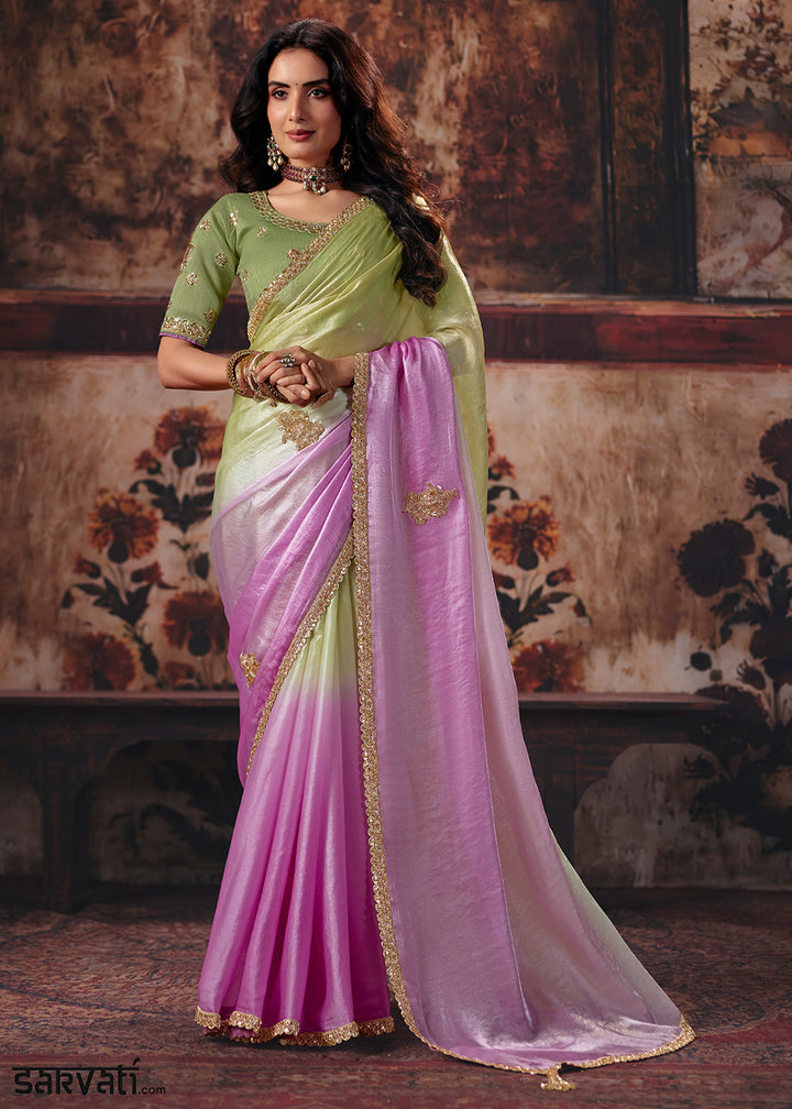Green &amp; Pink Designer Satin Silk Saree with Zari, Moti &amp; Sequin Accents