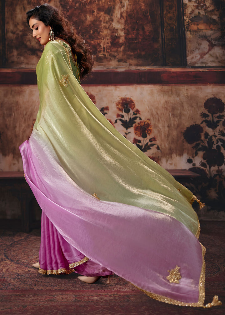 Tones of Purple Satin Saree with Sequin &amp; Stone Embellishments