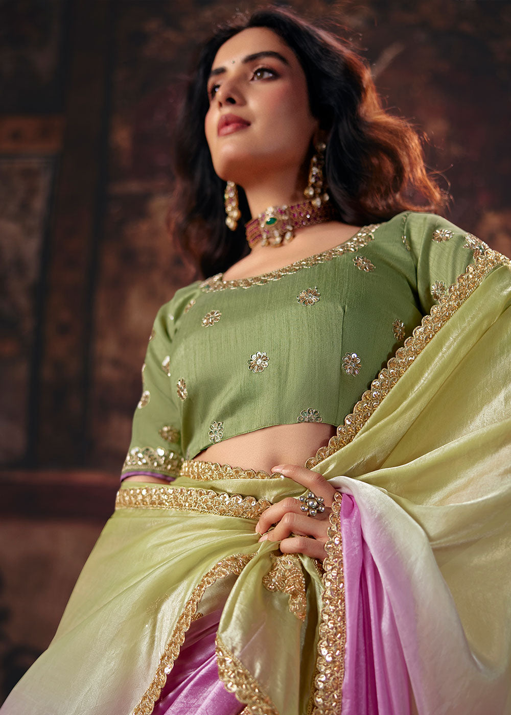 Tones of Purple Satin Saree with Sequin &amp; Stone Embellishments