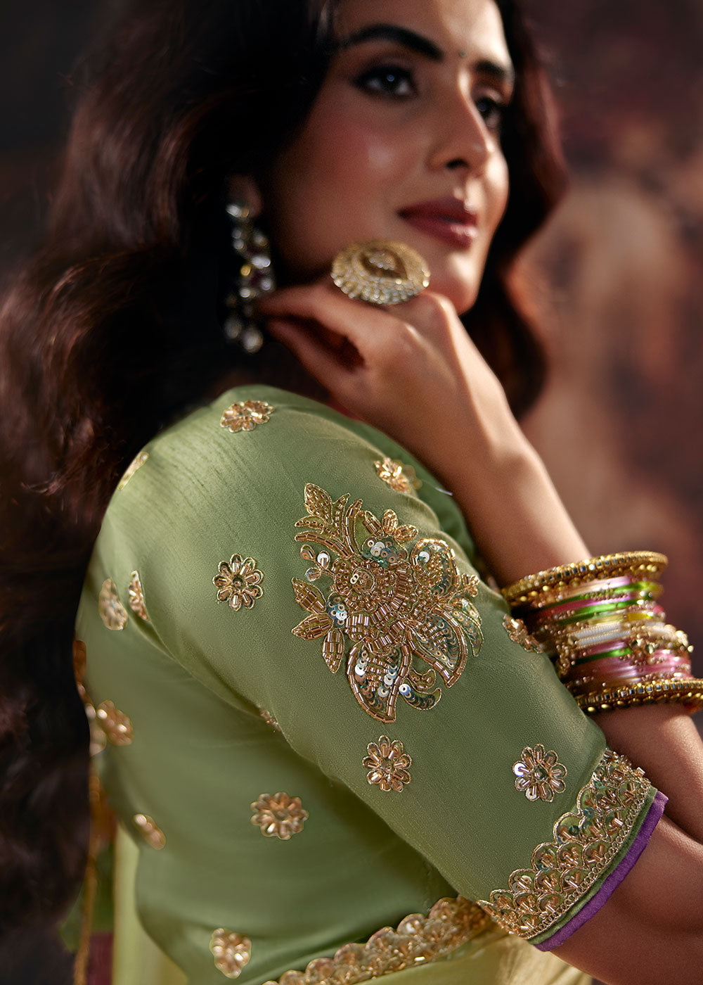 Tones of Purple Satin Saree with Sequin &amp; Stone Embellishments