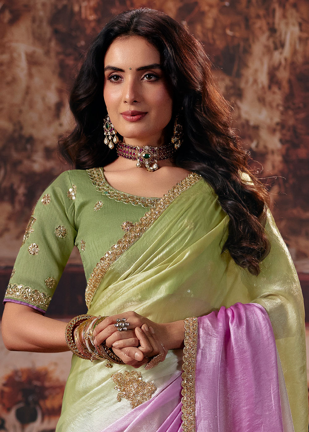 Tones of Purple Satin Saree with Sequin &amp; Stone Embellishments