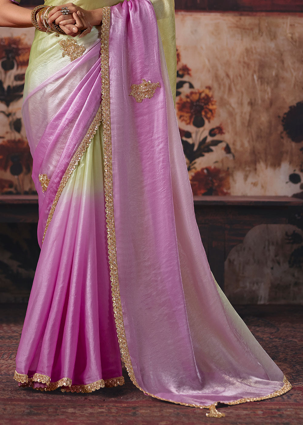 Tones of Purple Satin Saree with Sequin &amp; Stone Embellishments