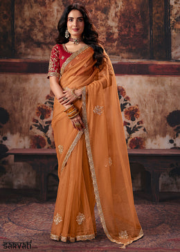 Coral Orange Designer Organza Saree with Zari, Moti & Sequin Accents