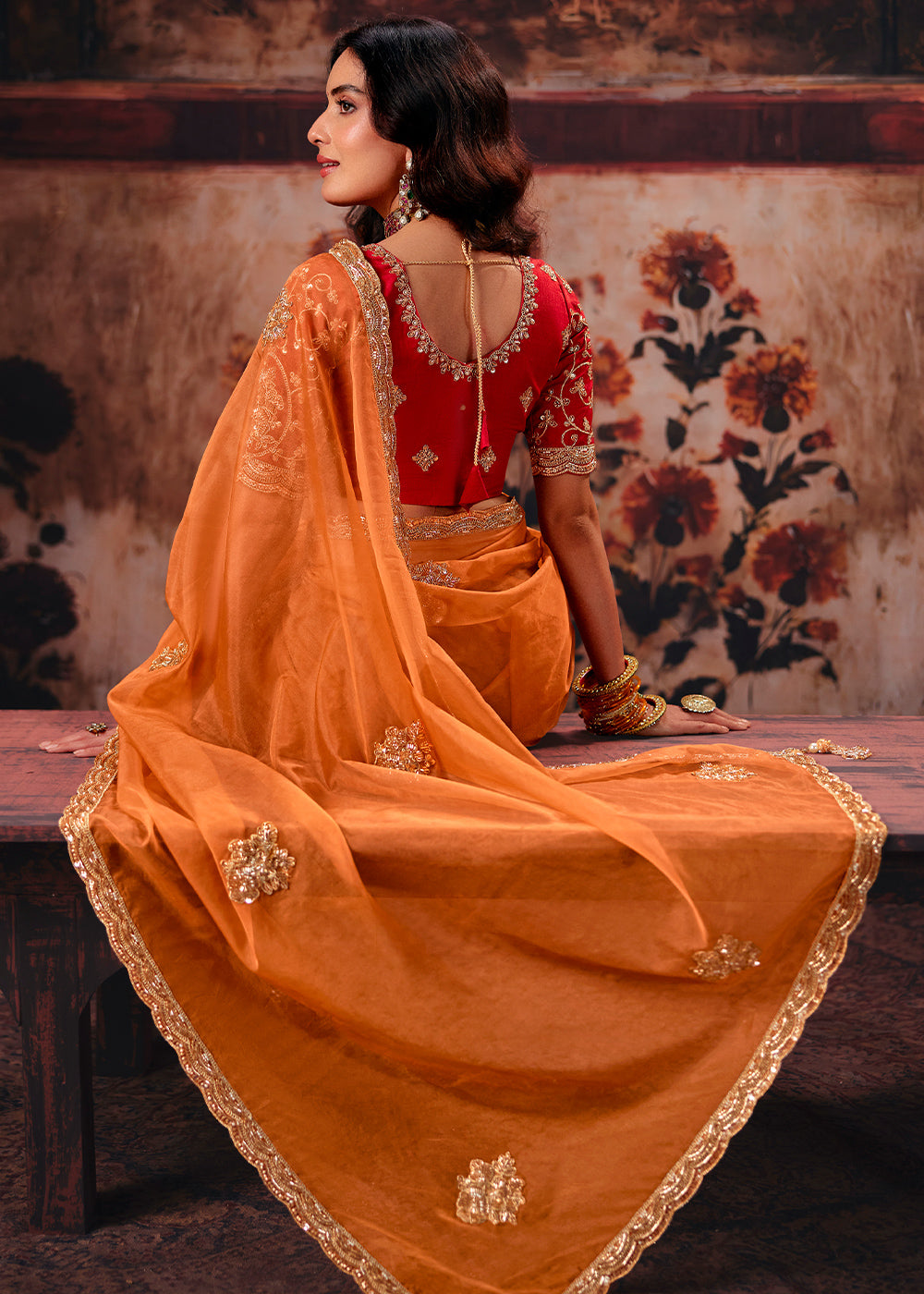 Coral Orange Designer Organza Saree with Zari, Moti & Sequin Accents
