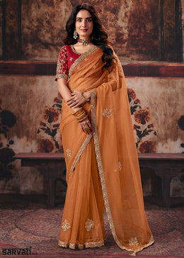 Royal Orange Organza Saree with Sequin & Stone Embellishments
