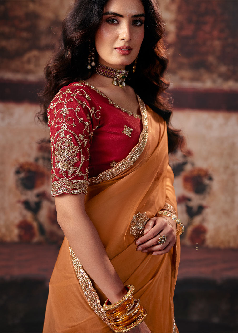 Royal Orange Organza Saree with Sequin &amp; Stone Embellishments