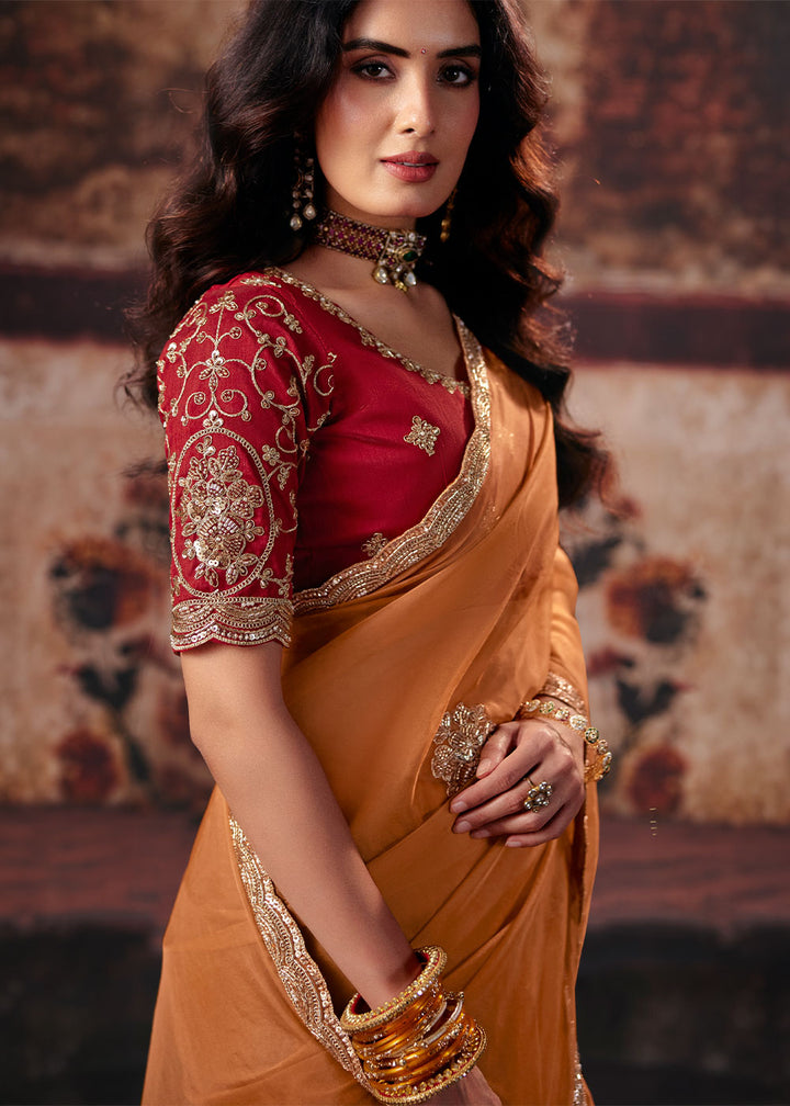 Royal Orange Organza Saree with Sequin &amp; Stone Embellishments