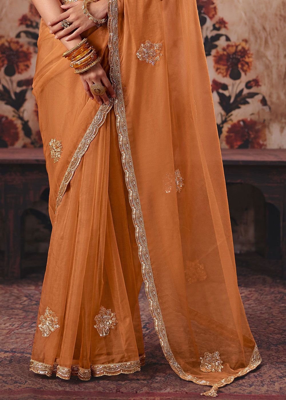 Royal Orange Organza Saree with Sequin &amp; Stone Embellishments