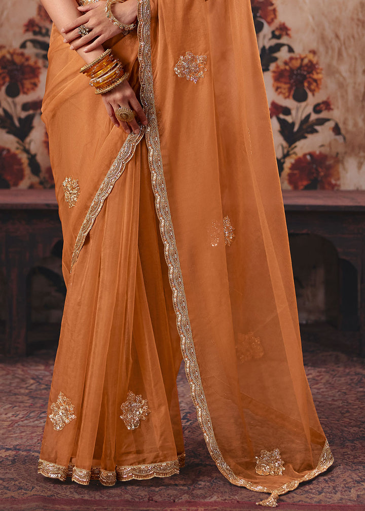 Royal Orange Organza Saree with Sequin &amp; Stone Embellishments