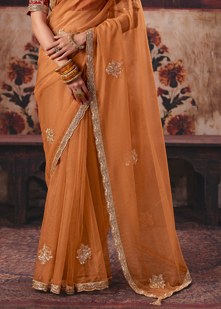 Coral Orange Designer Organza Saree with Zari, Moti &amp; Sequin Accents