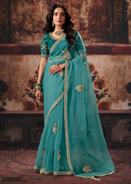 Pacific Blue Designer Organza Saree with Zari, Moti & Sequin Accents