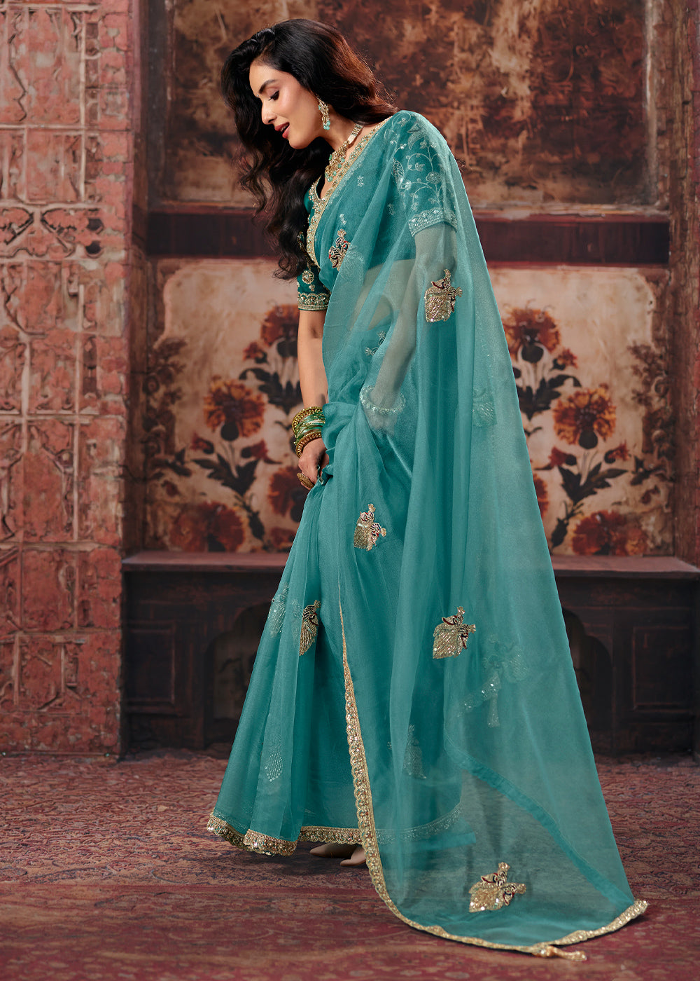 Pacific Blue Designer Organza Saree with Zari, Moti & Sequin Accents