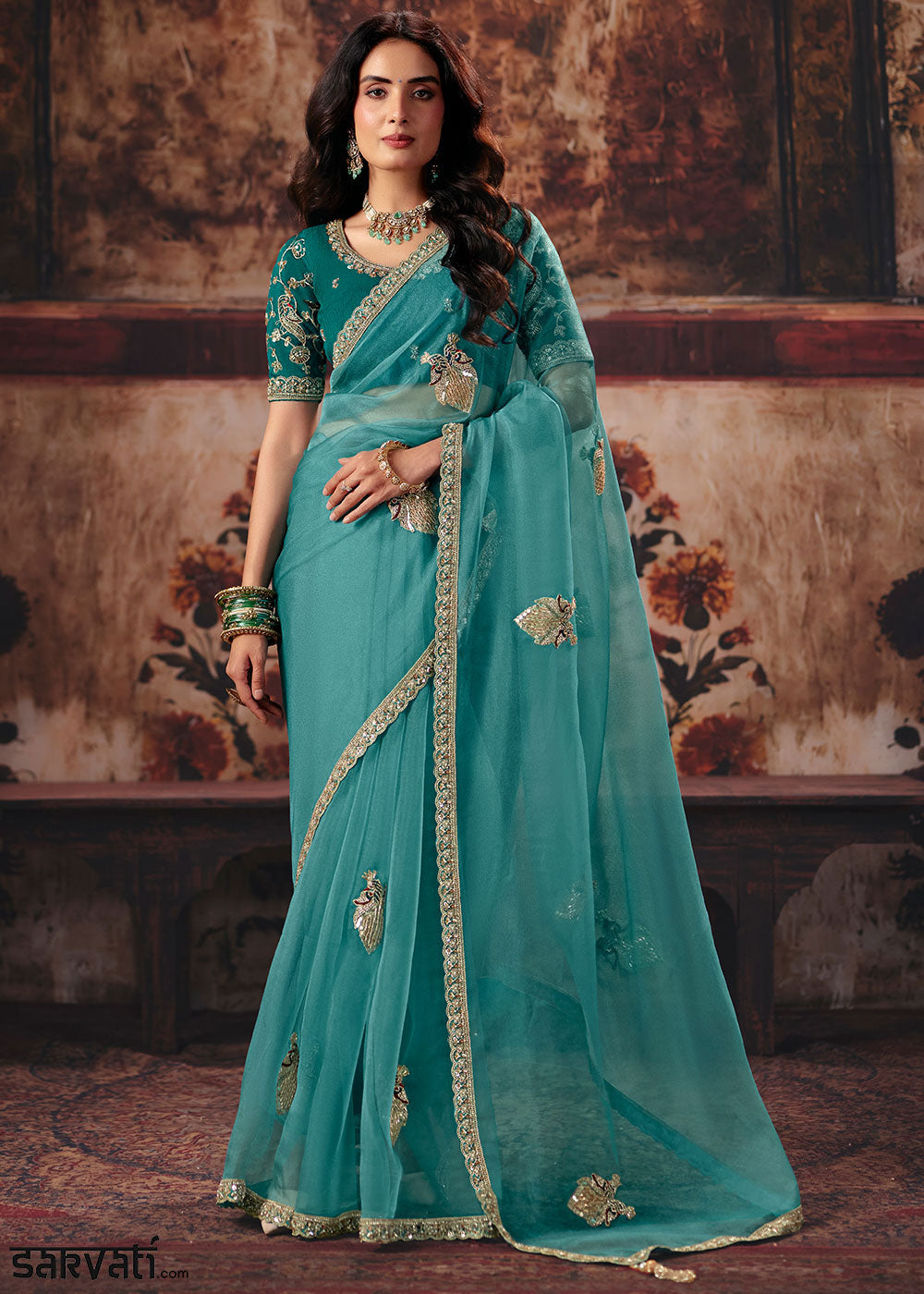 Teal Blue Organza Saree with Threadwork &amp; Sequin Embellishments