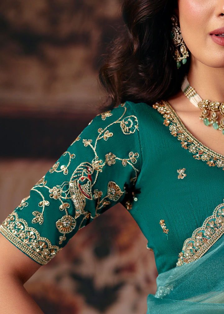 Teal Blue Organza Saree with Threadwork &amp; Sequin Embellishments