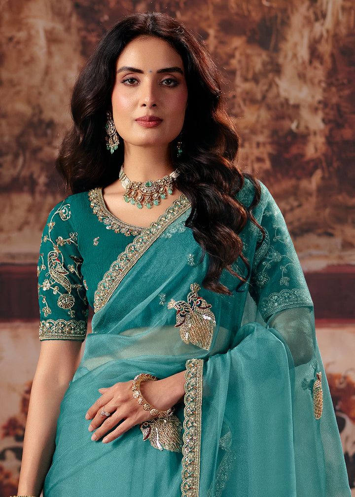 Teal Blue Organza Saree with Threadwork &amp; Sequin Embellishments