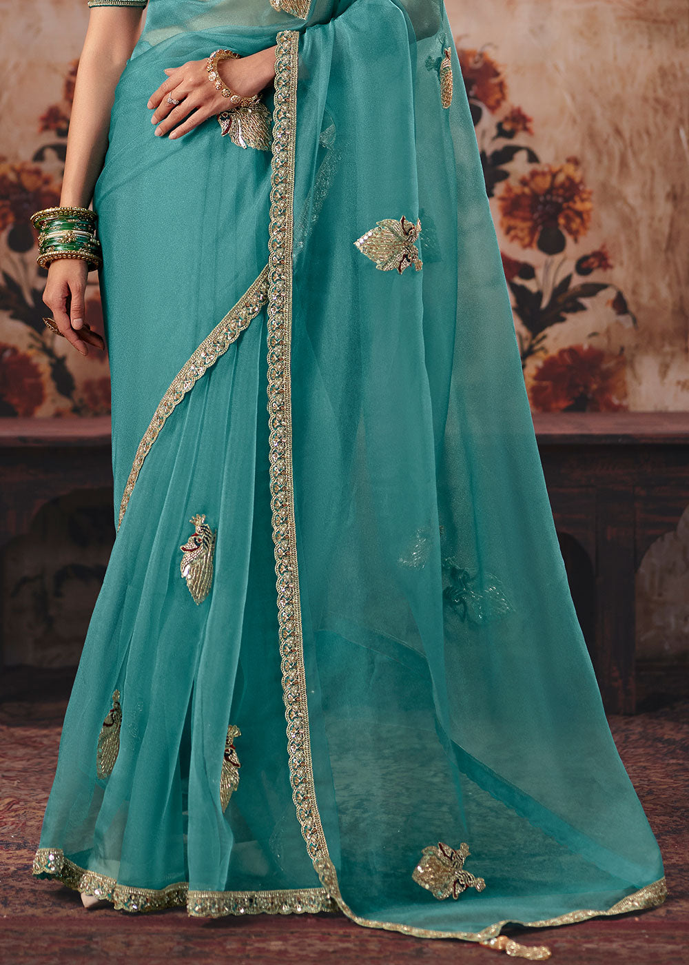 Teal Blue Organza Saree with Threadwork &amp; Sequin Embellishments