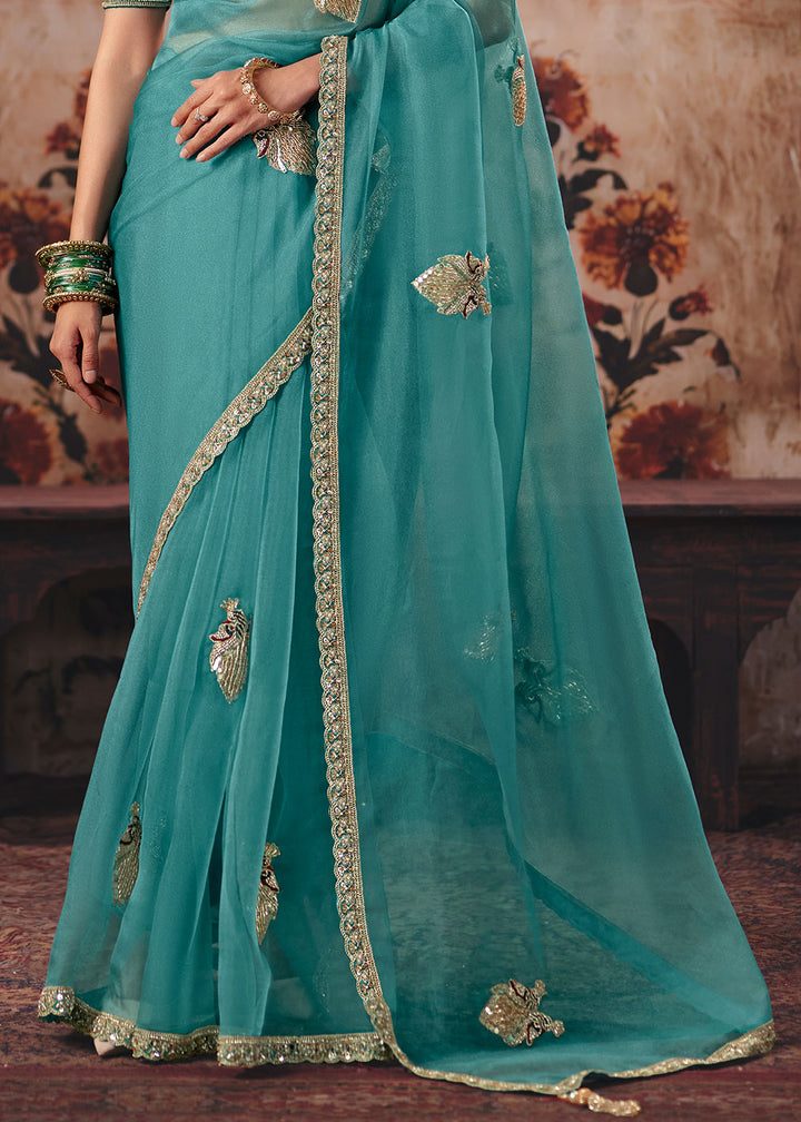 Teal Blue Organza Saree with Threadwork &amp; Sequin Embellishments