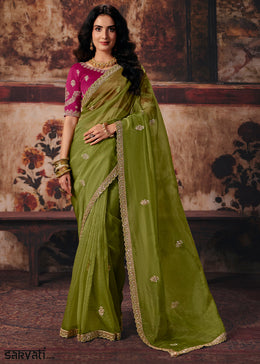 Olive Green Designer Organza Saree with Zari, Moti & Sequin Accents
