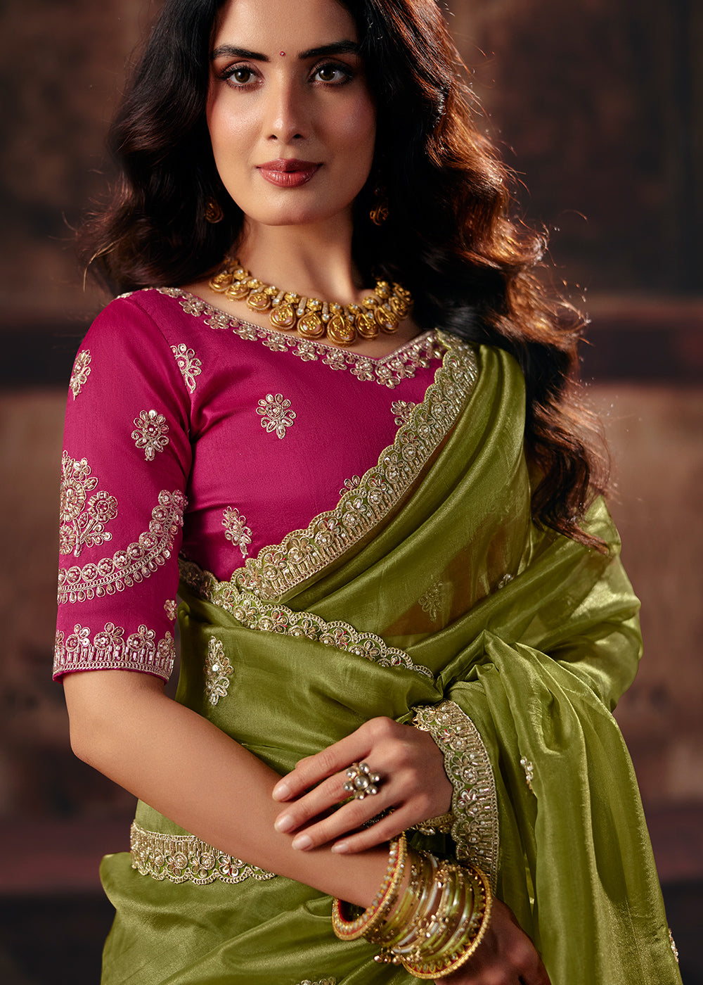 Olive Green Designer Organza Saree with Zari, Moti & Sequin Accents