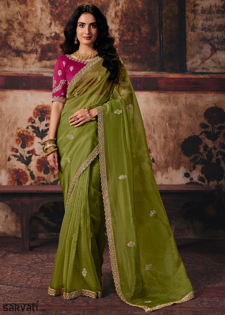 Olive Green Organza Saree with Sequin &amp; Stone Embellishments