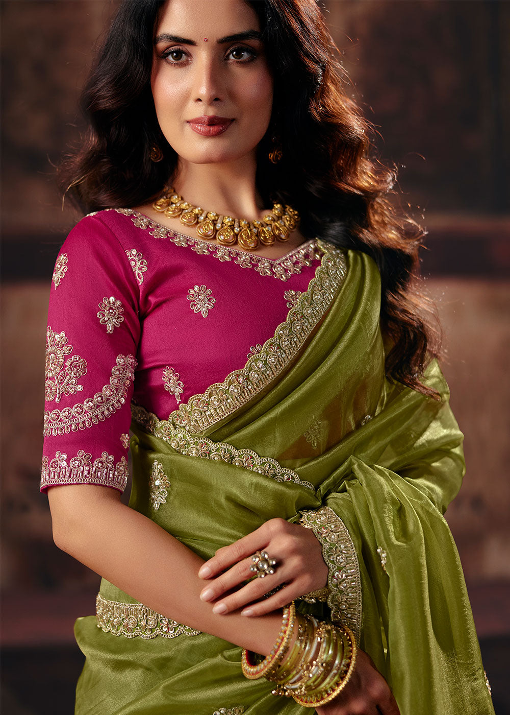Olive Green Organza Saree with Sequin &amp; Stone Embellishments
